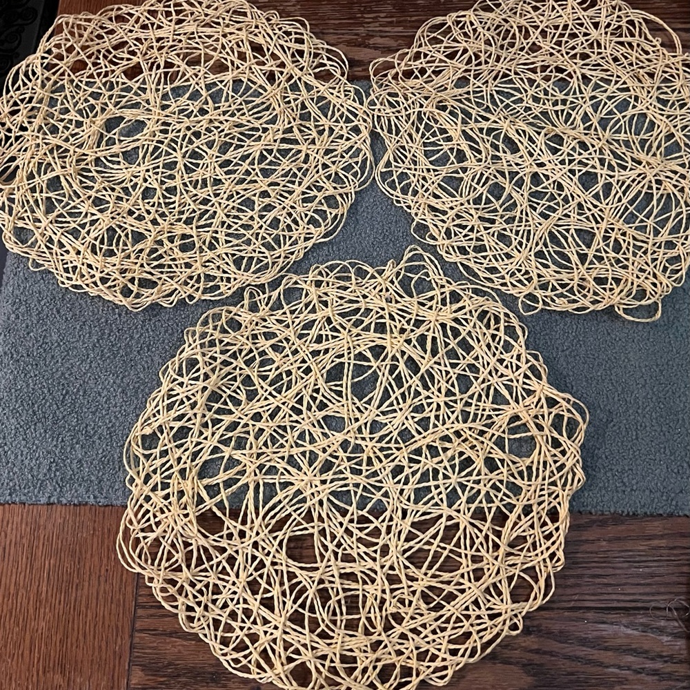 Set of Three Handcrafted Bright Yellow Straw Handwoven Placemats Doilies